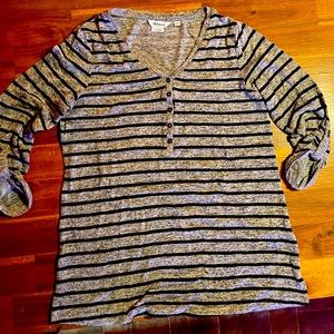 Reitmans top grey with black stripes. Stretchy fabric button down v neck sweater